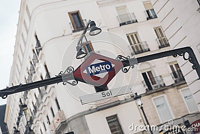 Nice picture of the sign of the underground subway station of the famous square of Sol in Madrid (Spain Editorial Stock Photo