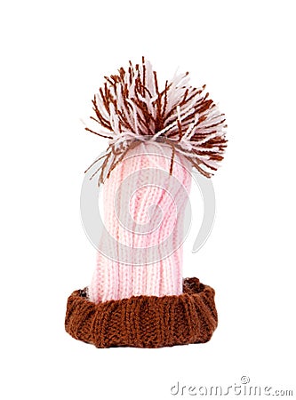 Nice pink with brown knitted cap close-up isolated Stock Photo