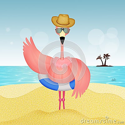 Nice pink flamingos on the beach Cartoon Illustration