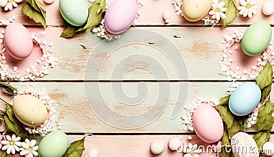Nice pink, green, blue and beige easter eggs on turquoise wood background Stock Photo