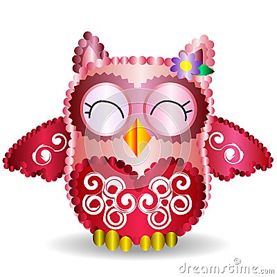 Nice pink smiling owl with a lilac flower on the ear and ornament on the heart and wings Stock Photo