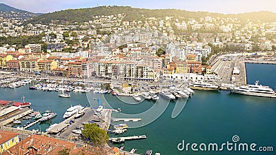 Nice port with white yachts and boats, breathtaking panorama of seaside city Stock Photo
