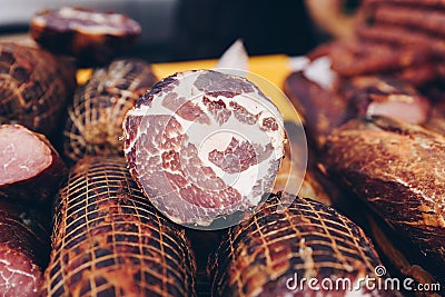 Sausages, bacon, ham, salami, European food festival Stock Photo