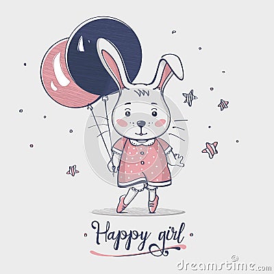 Nice small happy baby bunny girl with balloon. Hand drawn. Cartoon. Kids fashion. Design print. Baby wear. Vector Vector Illustration