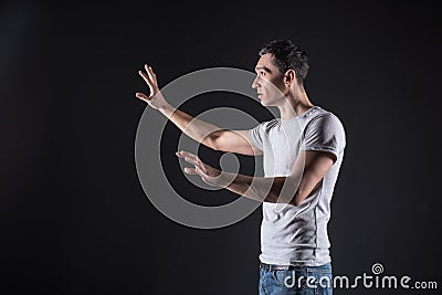 Nice smart man using sensory computers Stock Photo