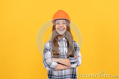 nice smile. building and construction concept. happy child worker wear hardhat. Stock Photo
