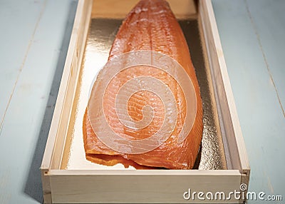 Nice smoked wild sockeye salmon inside wooden box Stock Photo