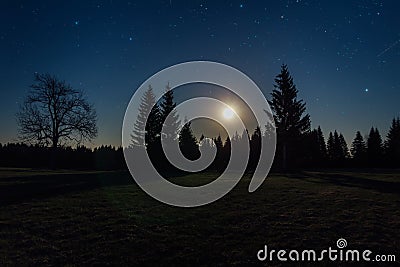 Nice star night with trees and moon in Novohradske hory, Czech landscape Stock Photo