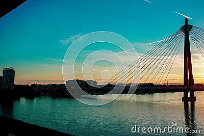 Nice sunrise with Donaustadt bridge in Vienna, Austria. Editorial Stock Photo