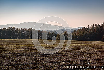 Nice sunset on hills with trees and field, colored photo, Czech Stock Photo