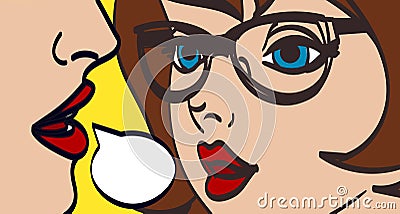 Nice vector pop art retro comic illustration. Woman whispering gossip or secret to her friend. Speech bubble. Eps 10 Vector Illustration