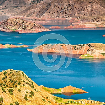 Nice view of Nurek Reservoir in Tajikistan Stock Photo