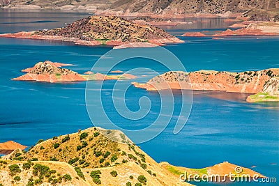 Nice view of Nurek Reservoir in Tajikistan Stock Photo