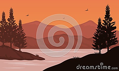 Nice views mountains at twilight in the afternoon with silhouette spruce trees. Vector illustration Vector Illustration