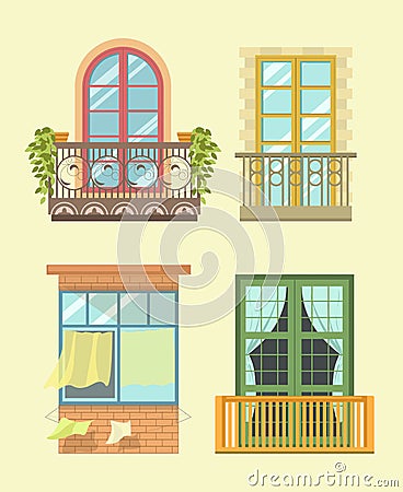 Nice windows in European style with small cozy balconys Vector Illustration