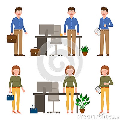 Young business man and woman vector illustration. Standing with bag, briefcase, notepad, drinking coffee male and female character Vector Illustration