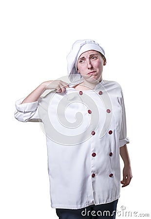 Nice young woman chef is asking herself Stock Photo