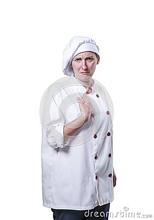 Nice young woman chef is asking herself Stock Photo