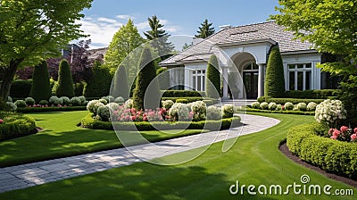 Nicely garden in front of a luxury house generated by AI tool. Stock Photo