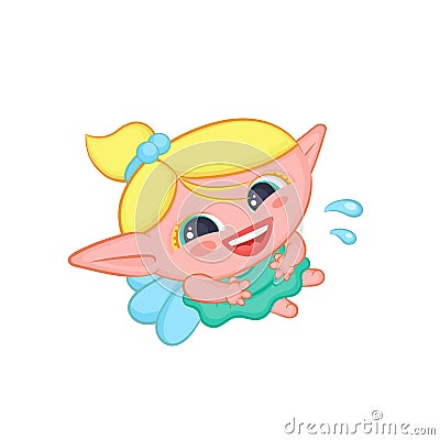 Nickers elf fairy with wings. Cute laughing blond girl sorceress in dress vector fantastic character isolated cartoon Vector Illustration