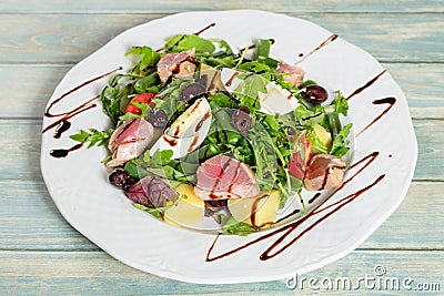 Nicoise salad with roasted tuna and boiled egg. Closeup view Stock Photo