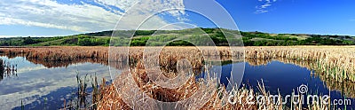 Buffalo Pound Provincial Park Landscape Panorama of Nicolle Flats Marsh near Moose Jaw, Great Plains, Saskatchewan, Canada Stock Photo