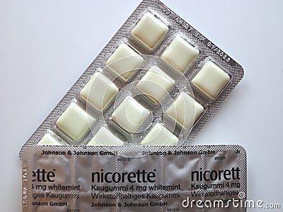 Nicotine chewing gums Nicorette to substitute smoking cigarettes Editorial Stock Photo