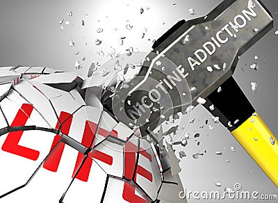 Nicotine addiction and destruction of health and life - symbolized by word Nicotine addiction and a hammer to show negative aspect Cartoon Illustration