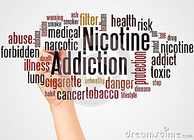 Nicotine addiction word cloud and hand with marker concept Stock Photo