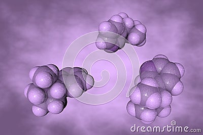 Nicotine, an alkaloid present in the nightshade family of plants. Space-filling molecular model on very peri background Cartoon Illustration