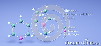 Nicotine, molecular structures, Naturally alkaloid, 3d model, Structural Chemical Formula and Atoms with Color Coding Stock Photo