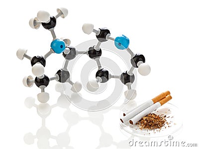 Nicotine molecule with tobacco and cigarettes Stock Photo