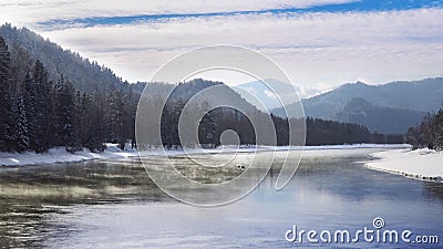 Niebla sobre el río nevoso de la montaña por mañana del invierno almacen de metraje de vídeo Niebla sobre el río nevoso de la montaña por mañana del invierno almacen de metraje de vídeo