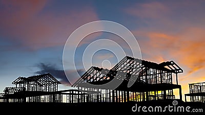 Nieuwe woningbouw die huiskader in diverse stadia van de bouw tonen bij zonsopgang stock illustratie Nieuwe woningbouw die huiskader in diverse stadia van de bouw tonen bij zonsopgang stock illustratie