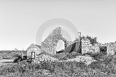 Historic ruin at Matjiesfontein farm in the Northern Cape. Monochrome Editorial Stock Photo