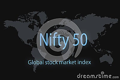 Nifty 50 Global stock market index. With a dark background and a world map. Graphic concept for your design Stock Photo