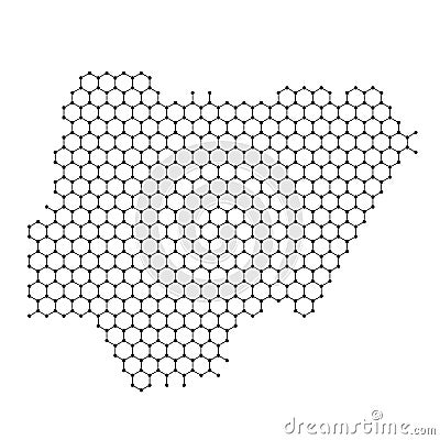 Nigeria map from abstract futuristic hexagonal shapes, lines, points black, form of honeycomb or molecular structure. Vector Cartoon Illustration