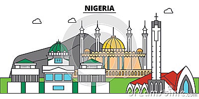 Nigeria outline city skyline, linear illustration, banner, travel landmark Vector Illustration