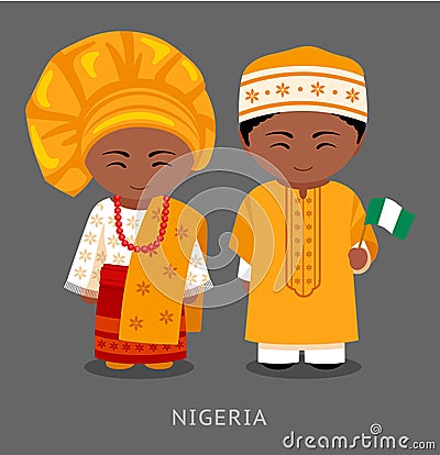 Nigerians in national clothes with a flag. Vector Illustration