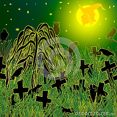 Night at an abandoned Halloween in the cemetery. Vector Illustration