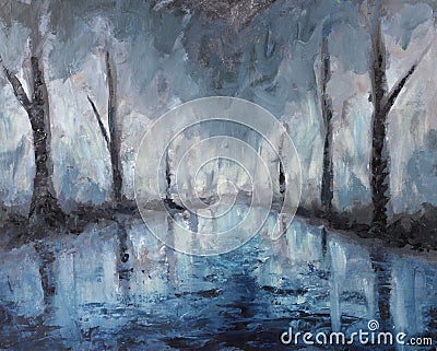 Night abstract landscape oil painting, reflection of trees in water Stock Photo