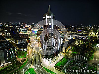 Night Aerial drone night photo of Plymouth city centre with skyscrapper Editorial Stock Photo