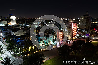 Night aerial photo Miami Beach neon lights Ocean Drive retro 80`s style Editorial Stock Photo