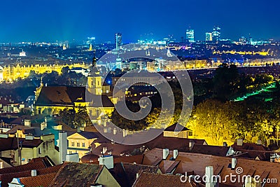 Night aerial view of cityscape of Prague, Czech Republic Stock Photo