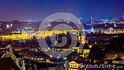 Night aerial view of cityscape of Prague, Czech Republic Editorial Stock Photo