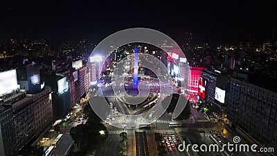 Night aerial view of the Obelisk of Buenos Aires, a historical monument, in the Plaza de la RepÃºblica on 9 de Julio ave Stock Photo