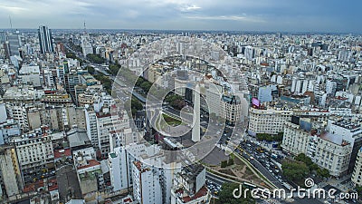 Night aerial view of the Obelisk of Buenos Aires, a historical monument, in the Plaza de la RepÃºblica on 9 de Julio ave Stock Photo