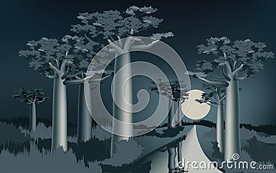 Night in the African baobab forest near the river 2 Vector Illustration