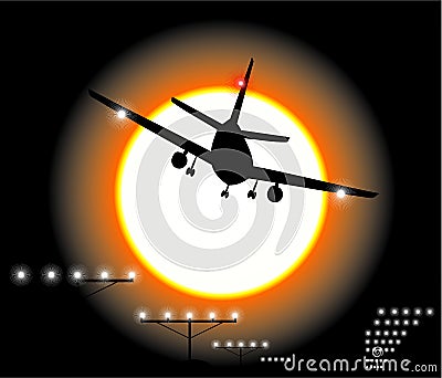 Night Airplane Landing Vector Illustration