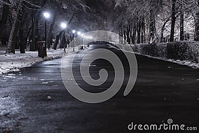 Night alley in winter season. Street cityscape. Evening scene. Winter town. Stock Photo